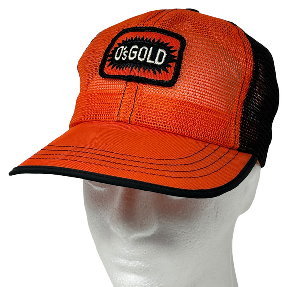 Vintage 80s O's Gold Trucker Hat Cap Orange Farmer Farming Snapback Full Mesh - Picture 1 of 11